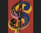 dollar sign black and yellow on red by Andy Warhol